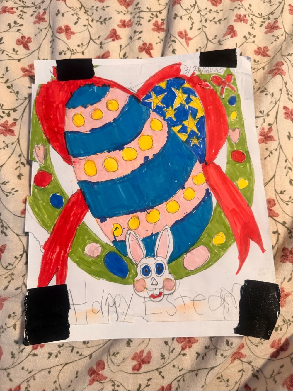 Handmade Easter Bunny Wreath Art Print - Colorful Red, Blue & Green